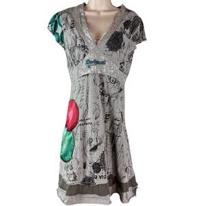 Desigual Womens Dress Large Cotton Jersey People Quotes Y2K Fringe La Vida